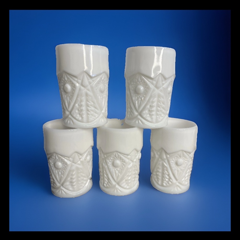5 Milk Glass Juice Tumblers Kempler Star & Groove Vintage White Valtec